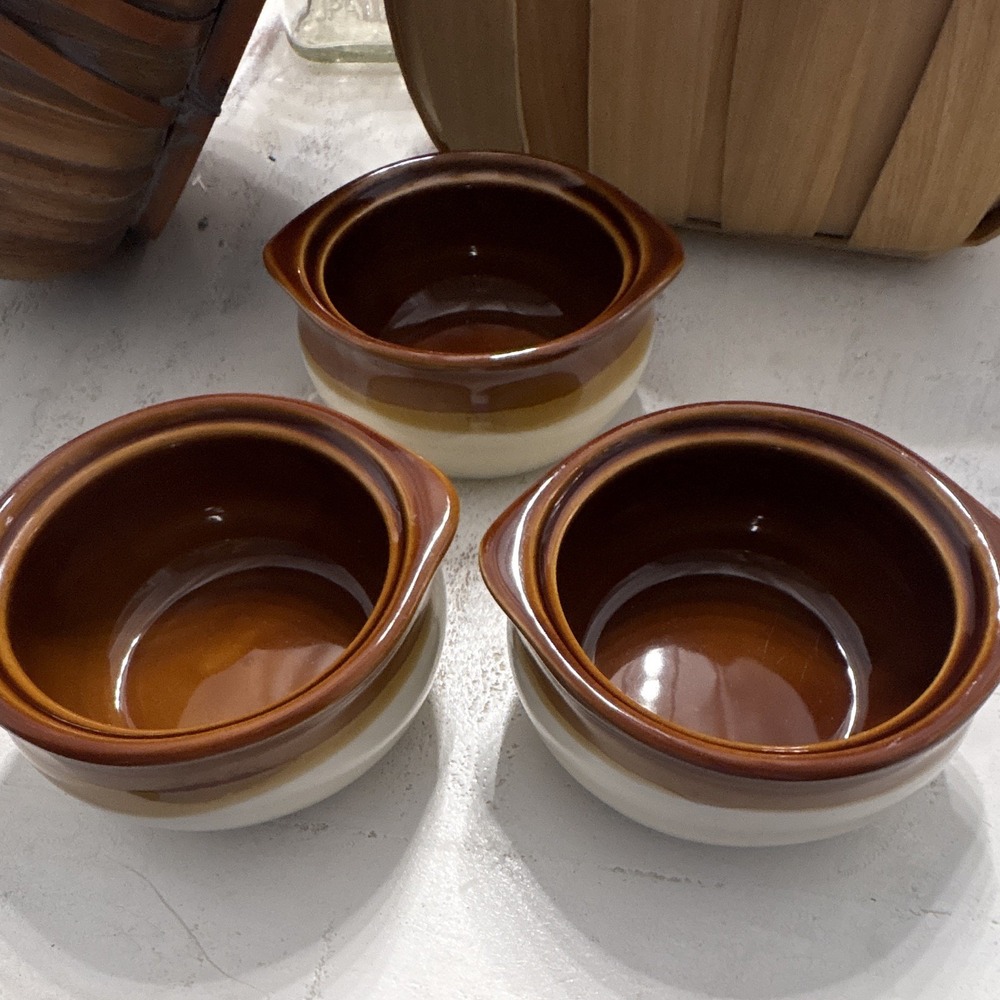 Rego C067-27 Ceramic Soup Bowls Set of 3 Brown/Beige Side Handle